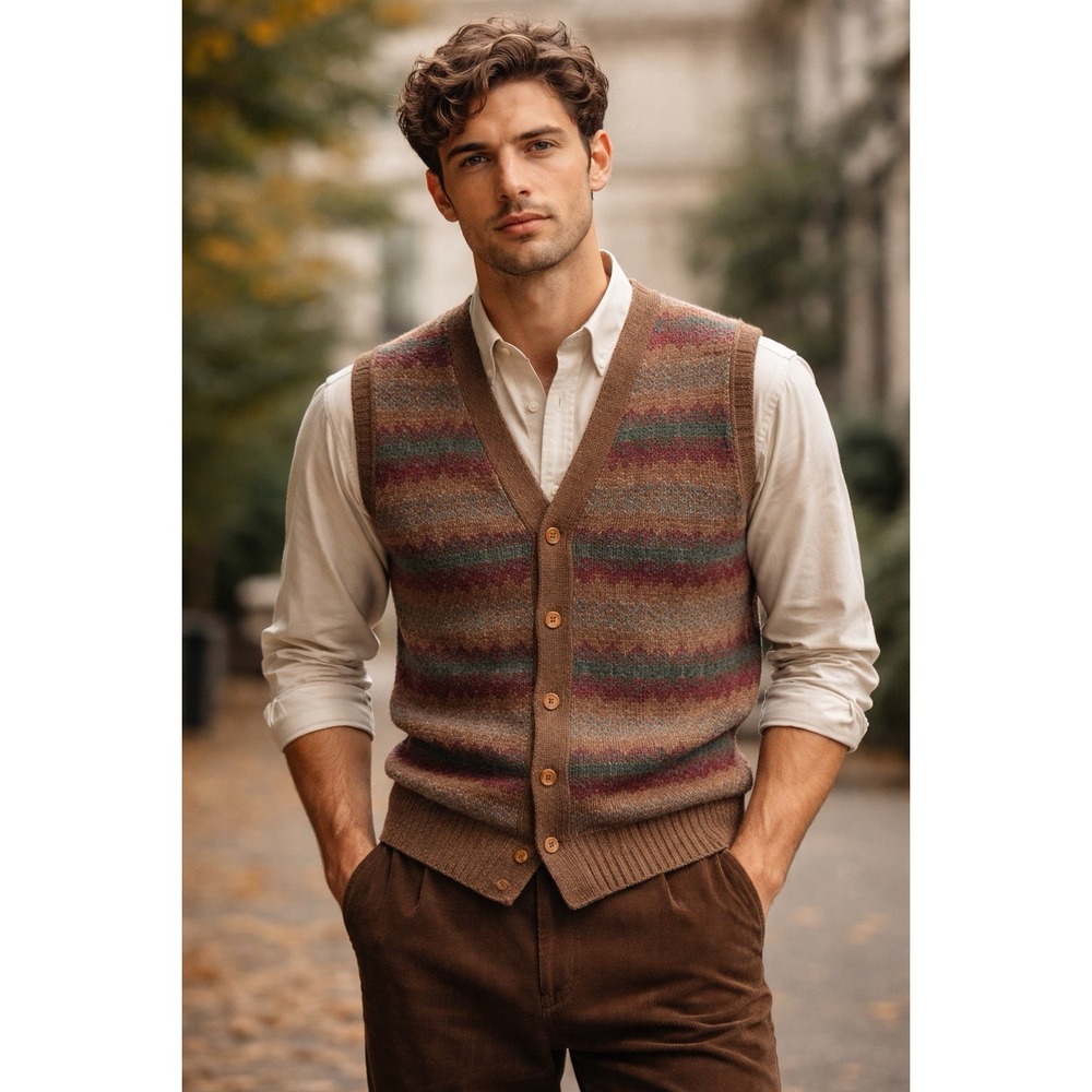 Vintage Blencraig Scotland 100% Wool Fair Isle Sweater Vest Brown Preppy Grandpa